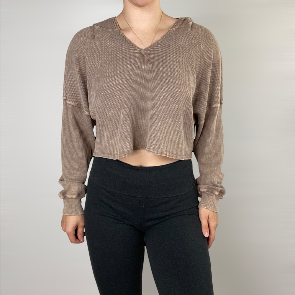 ALTAR’D STATE Waffle Knit V Neck Crop Hoodie Pullover Top